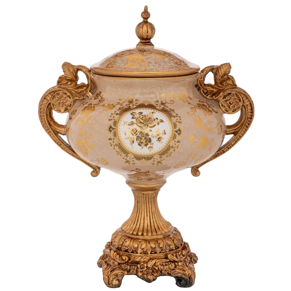 Bol cu Picior si Capac Antique Gold din Rasina 28x20x27cm