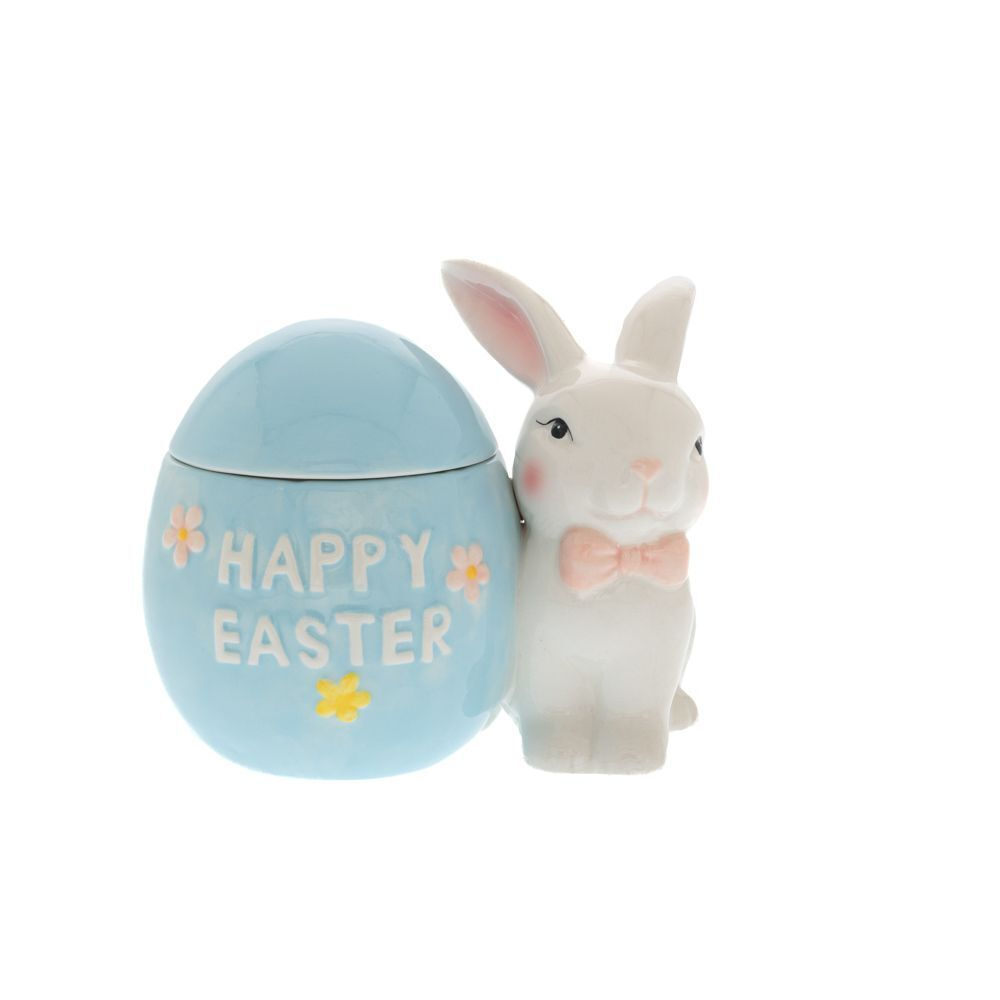 Borcan cu Capac White Blue Easter Bunny din Ceramica 16x10x13cm