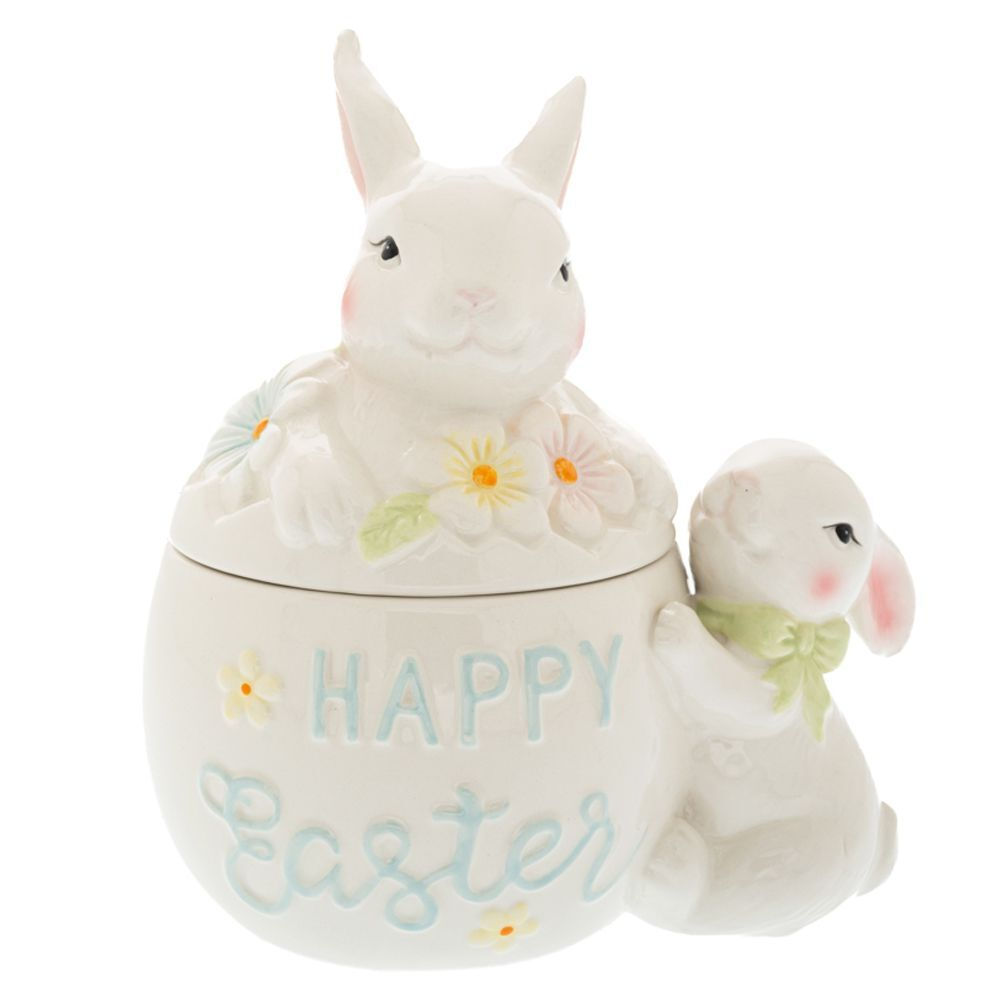 Borcan cu Capac White Easter Bunny din Ceramica 18x13x20cm