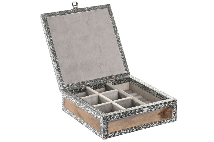 Cutie pentru Bijuterii Silver din Lemn cu Aluminiu 18x18x6cm