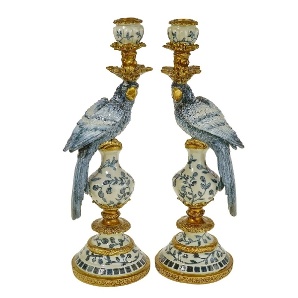 Suport Lumanare Blue Gold Parrot din Rasina D14x40cm