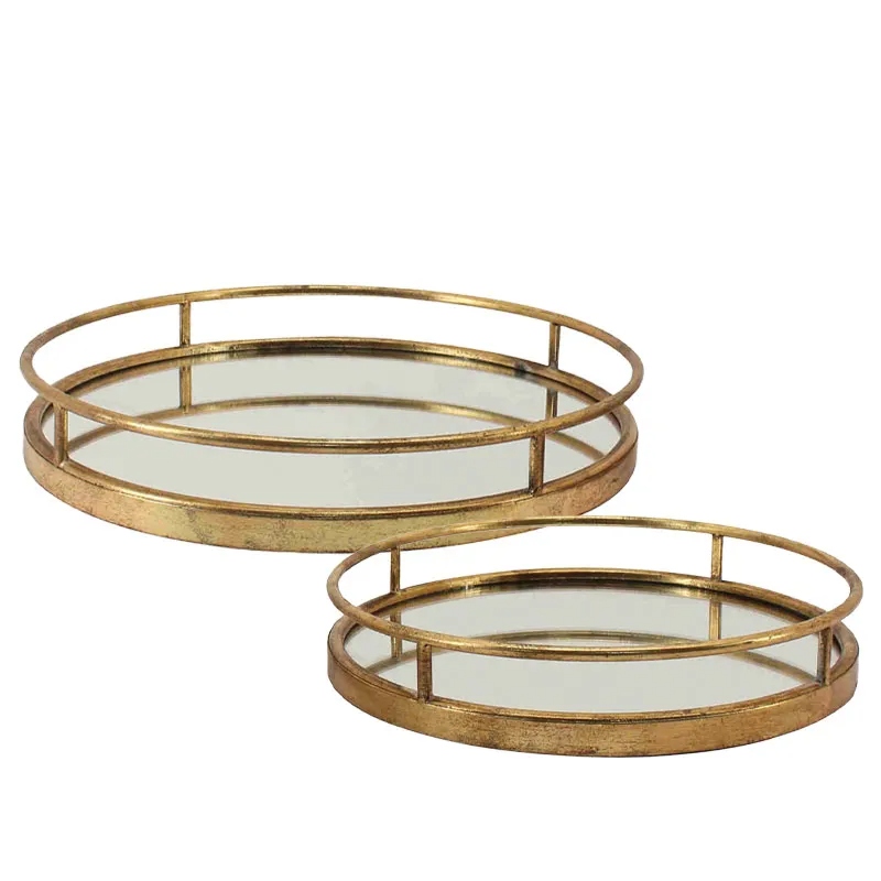 Set 2 Tavi Golden din Metal cu Oglinda D40x6cm D34x6cm