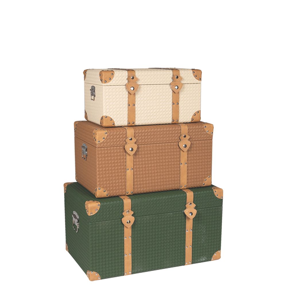 Set 3 Cufare Green Brown Ecru din PU cu Lemn 56x34x30cm