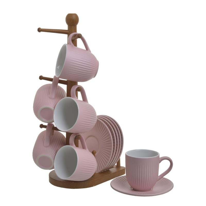 Set 6 Cesti Pink cu Suport din Portelan 90cc 16x11x30cm