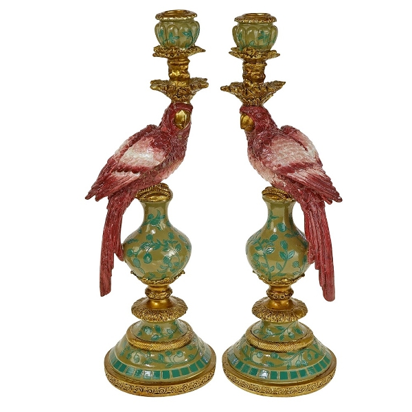 Suport pentru Lumanare Pink Green Parrot din Rasina D14x40cm