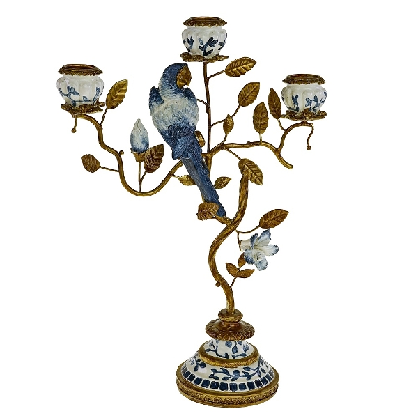Suport pentru Lumanari Blue White Parrot din Rasina cu Metal 9x22x32cm